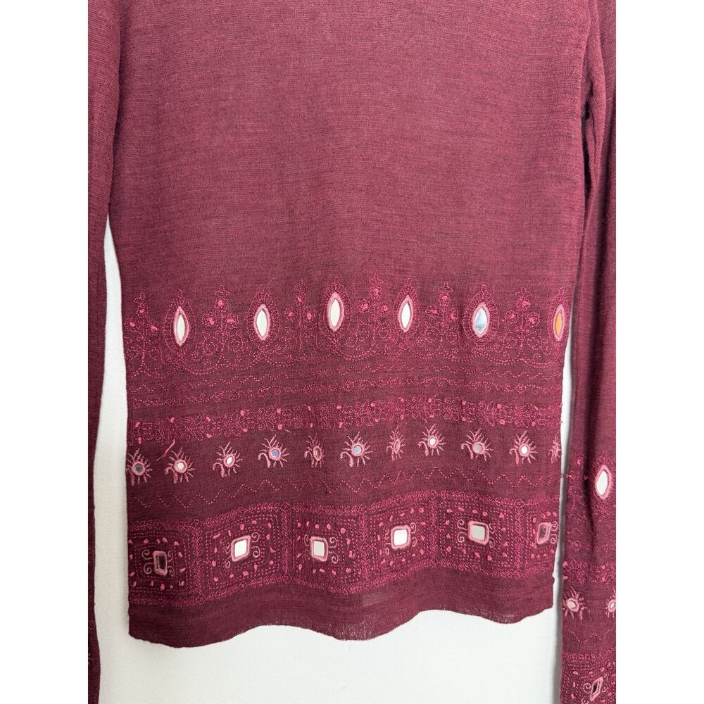 Karen Millen Women's Maroon Embroidered Mesh Sheer Boho Blouse Size 10 - Picture 8 of 10